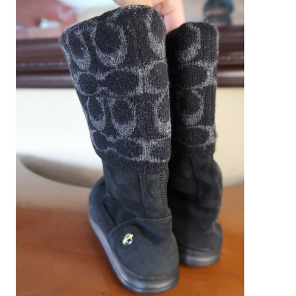Coach Size 6.5 Tatum Boots Black Suede Leather Wool Logo Sweater Cuffs Flat Heel - Picture 6 of 7